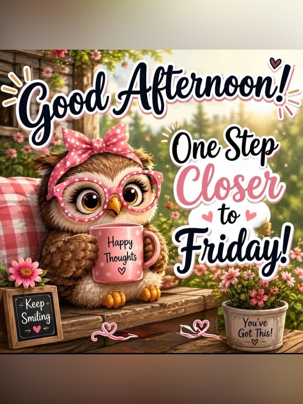Pink Owl Wall Art - 'Good Afternoon' Positive Quote